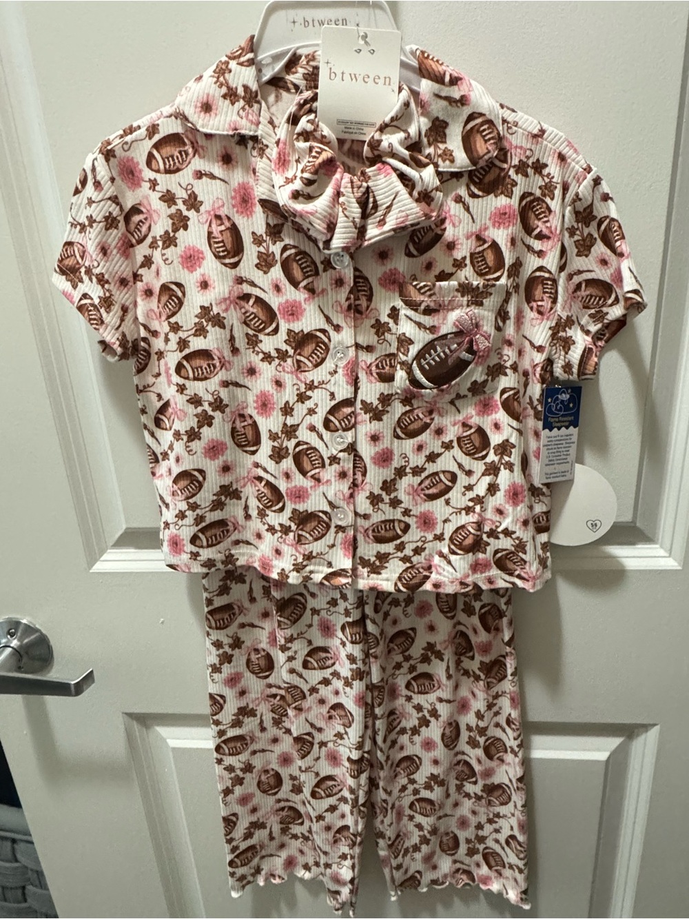 btween girls pajama set pink bows girls pajama set football floral print 5/6